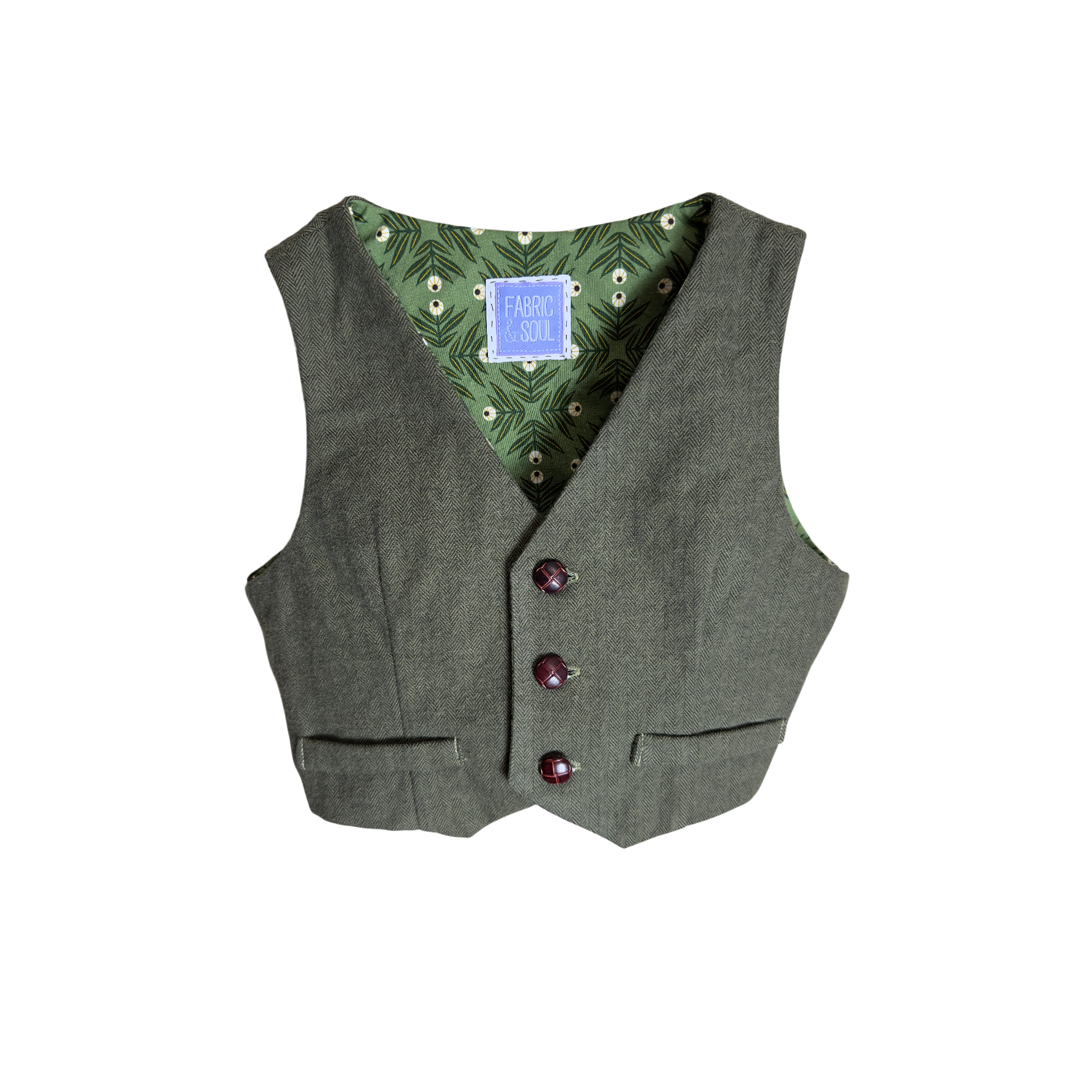 Green vest with decorative leather looking buttons and cotton lining