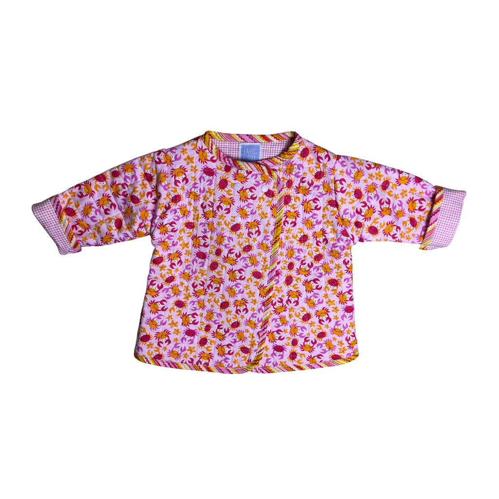 Pink quilted coat with crabs and starfish print 