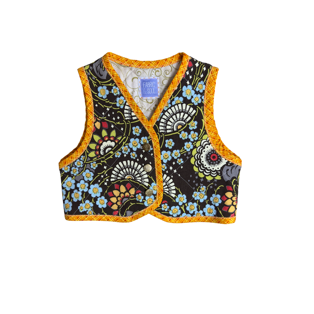 Childs colorful  brown floral cotton vest with gold buttons and orange trim