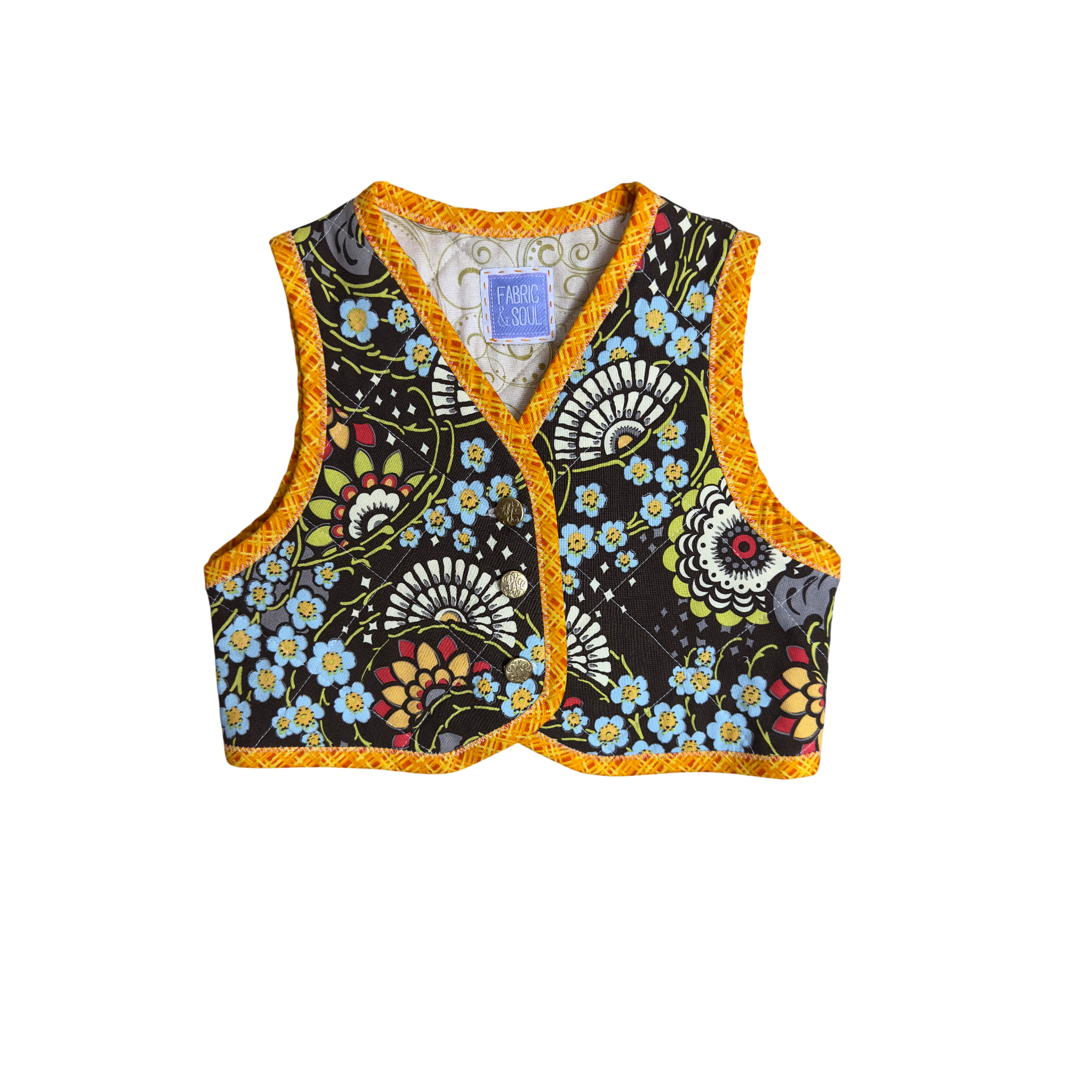 Childs colorful  brown floral cotton vest with gold buttons and orange trim