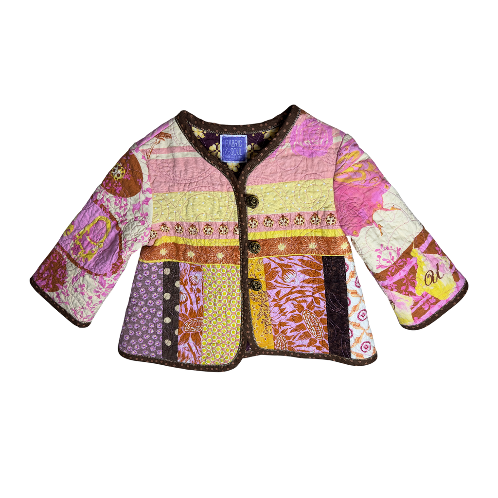 Front view of Cutie Love sustainable patchwork jacket
