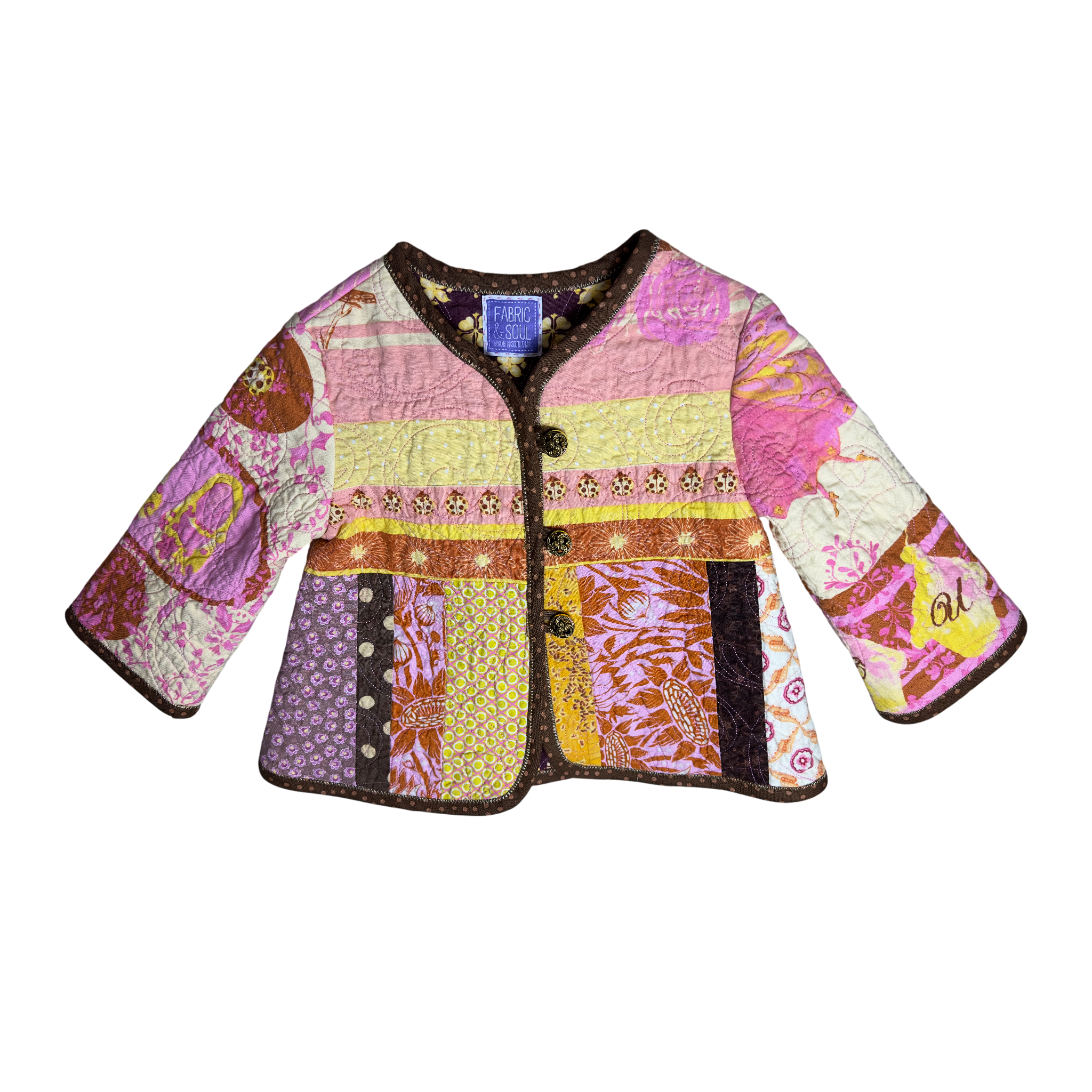 Front view of Cutie Love sustainable patchwork jacket