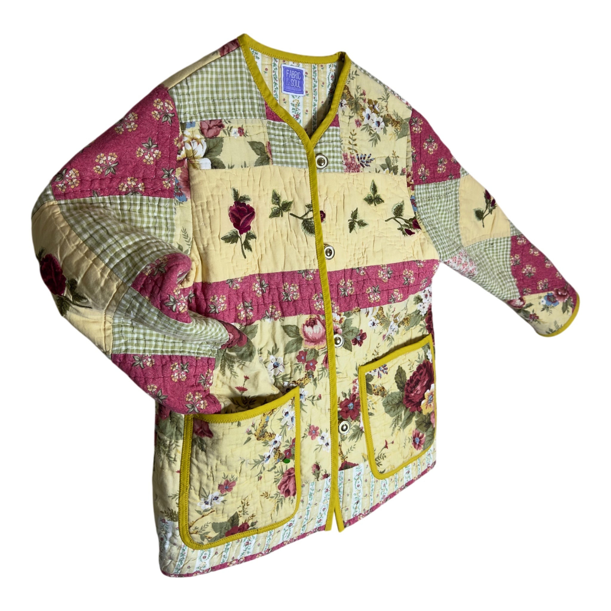 Side view Vintage quilted jacket gold and cream buttons and mustard binding, diagonal diamond sleeve pattern, one of a kind handmade coat by Fabric and Soul