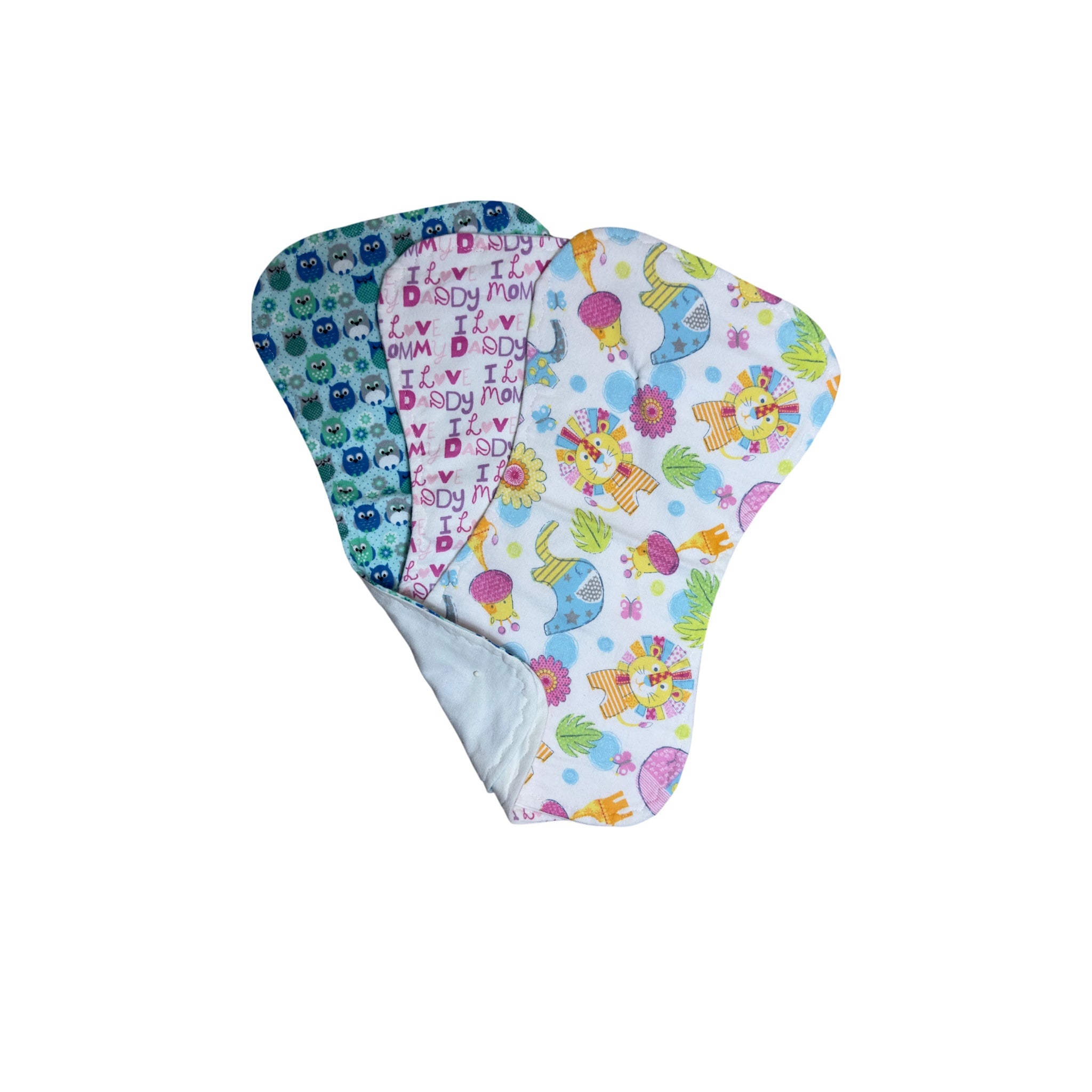 Handmade flannel baby burp cloth set of three with I Love Mommy and Daddy, owls, and pastel safari animals