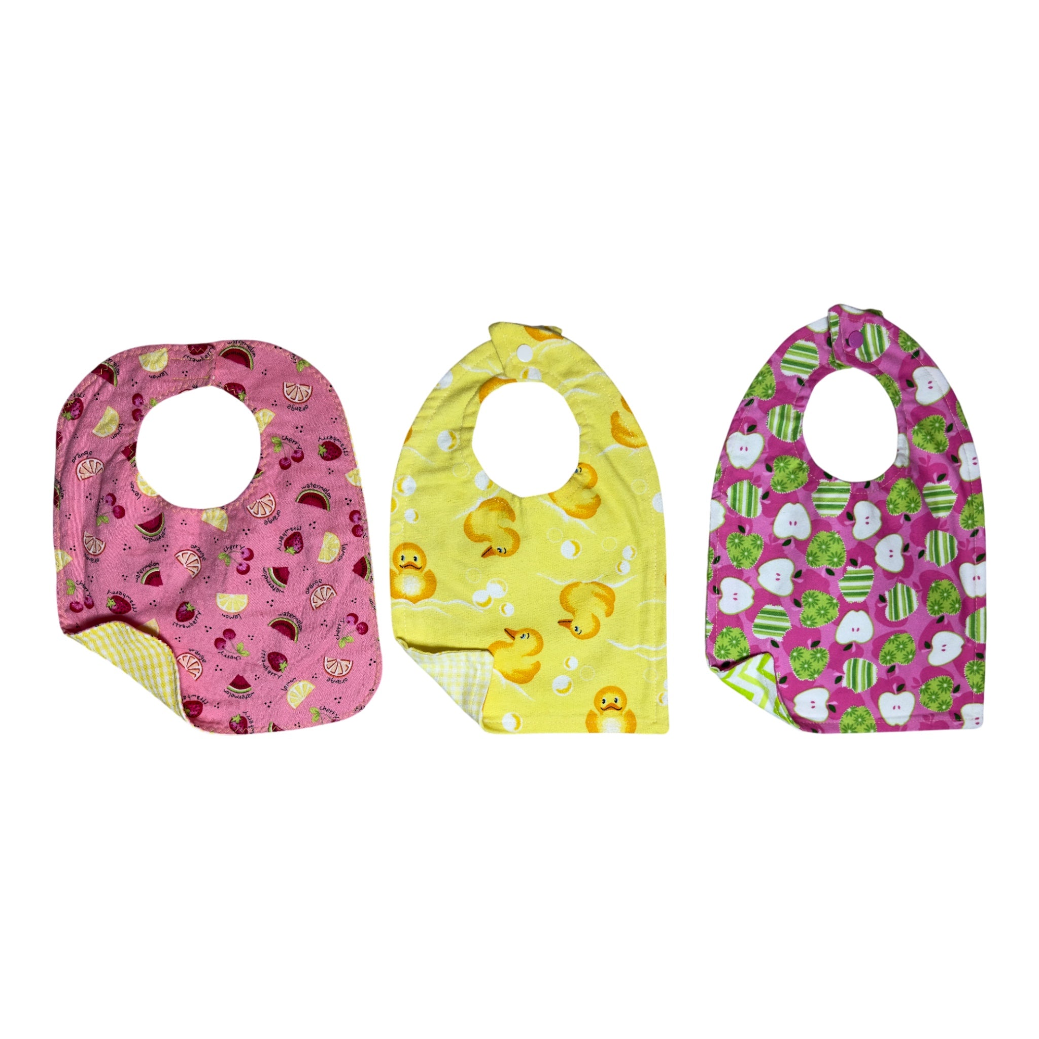 Handmade baby bib set of three with colorful fruits and yellow rubber duckies on soft flannel front and back