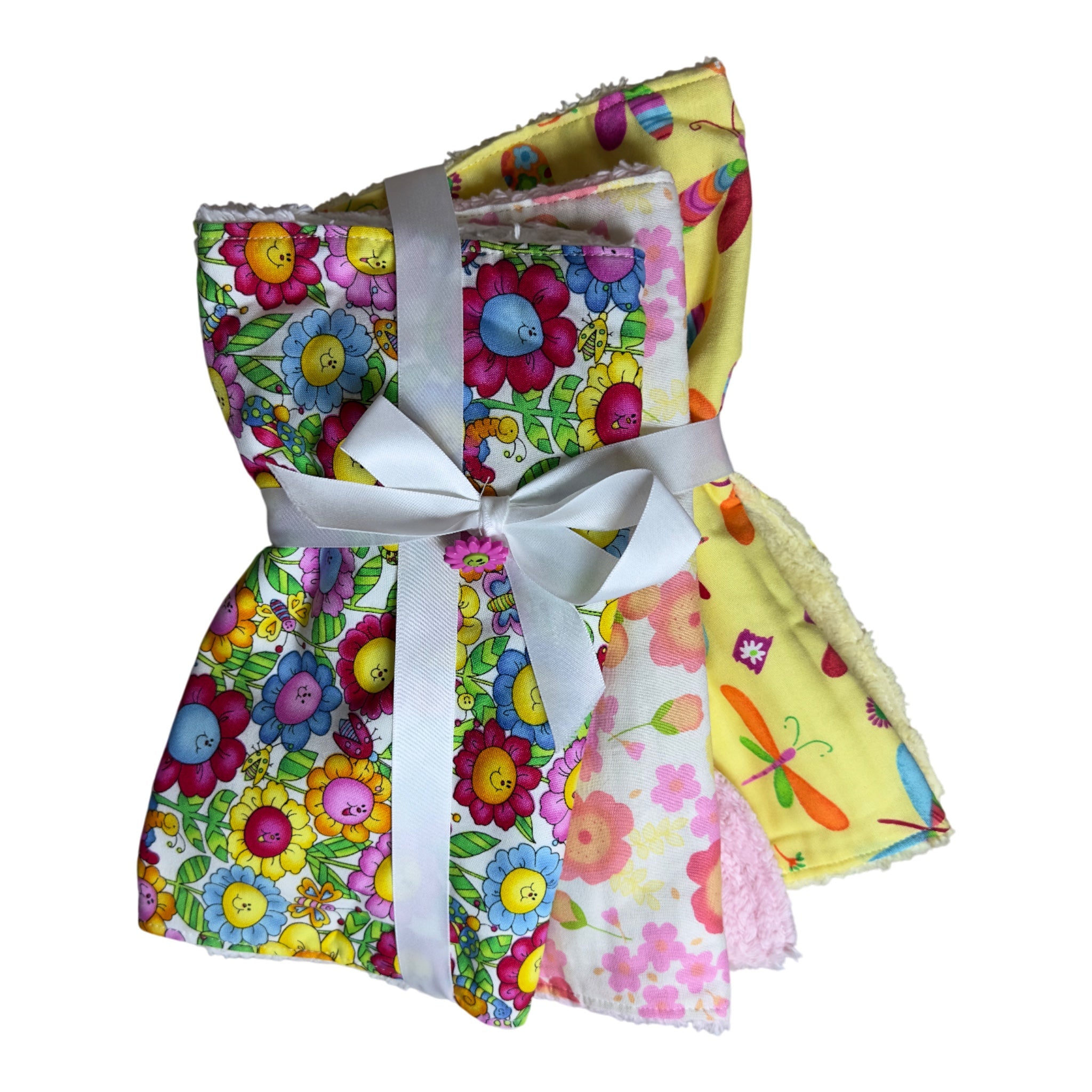 Handmade baby burp cloth set of three with butterflies, smiling flowers, and garden bugs on soft terry cloth