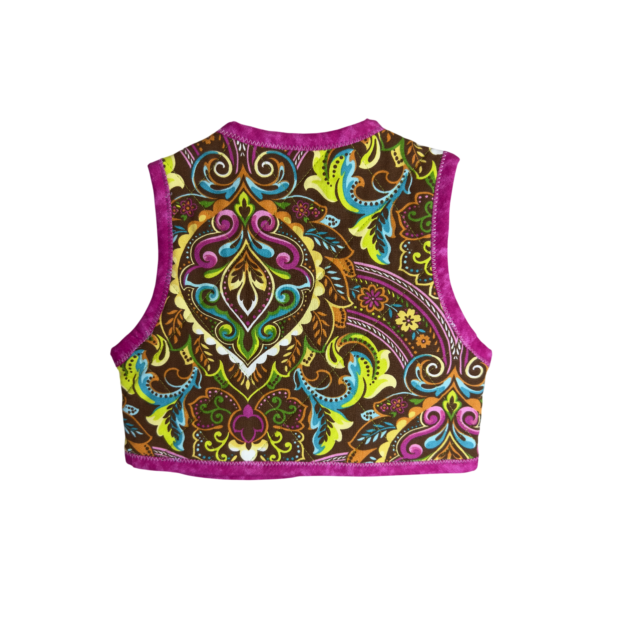 Colorful patterned back view of floral design and pink binding