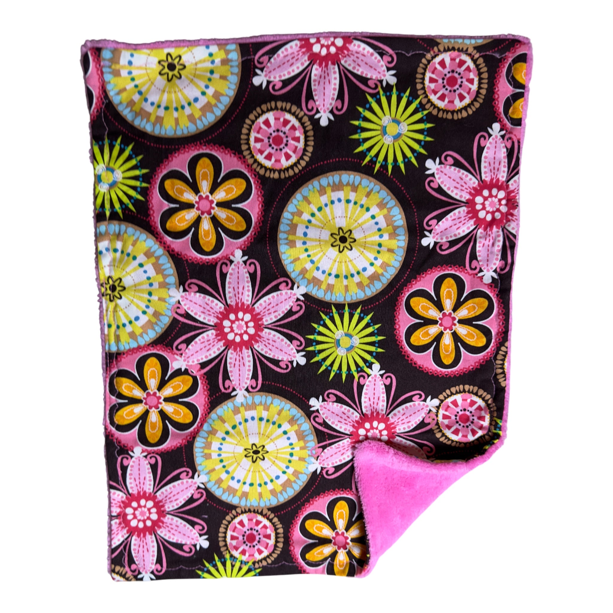 Handmade baby burp cloth set of two with art-deco flowers on brown and bright animals on yellow with terry cloth backing