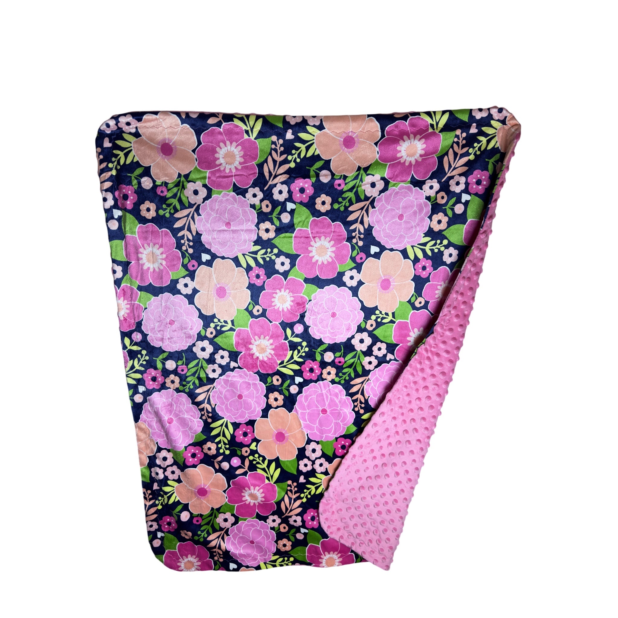 Handmade baby blanket with blue, peach and pink floral soft print and soft dotted minky backing