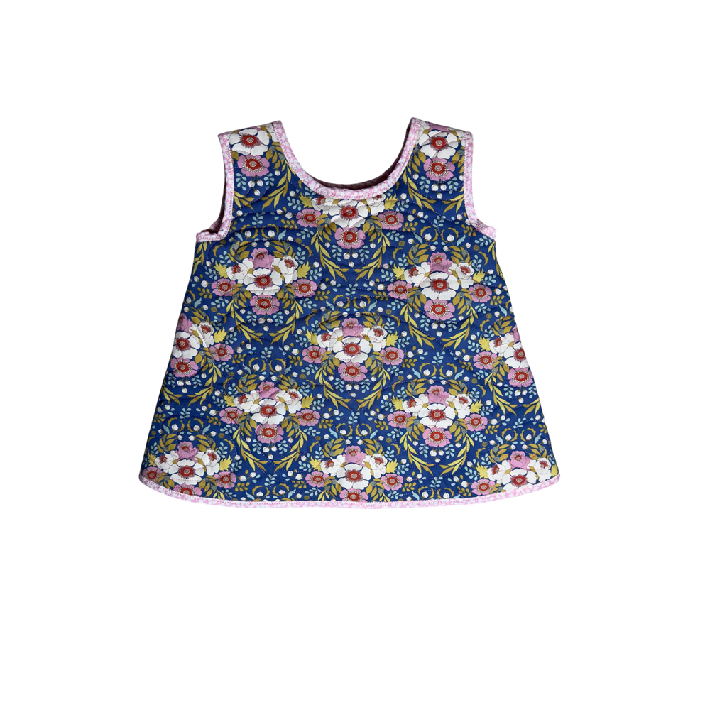 Dancing Flowers quilted cotton jumper dress with Liberty of London pink binding