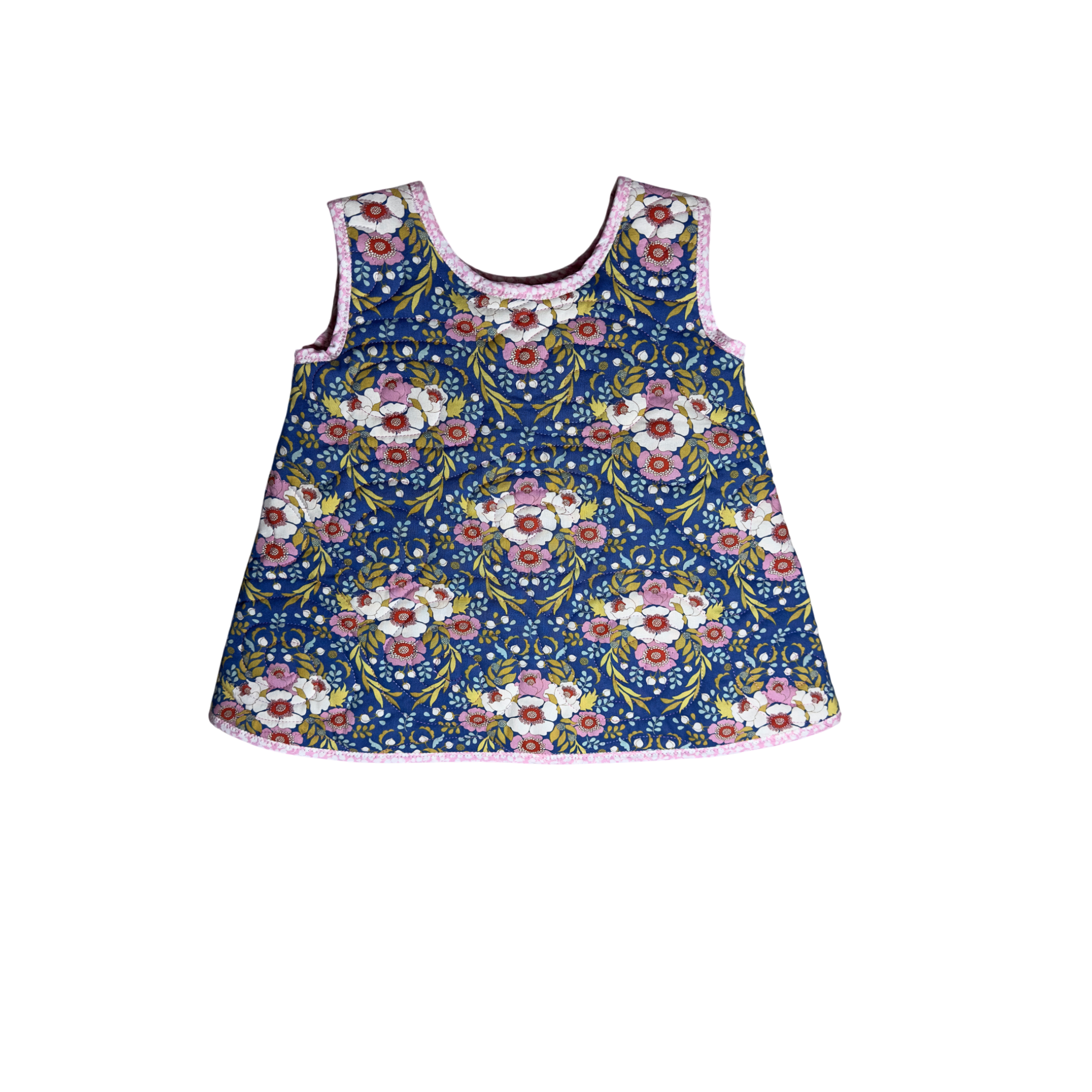 Dancing Flowers quilted cotton jumper dress with Liberty of London pink binding