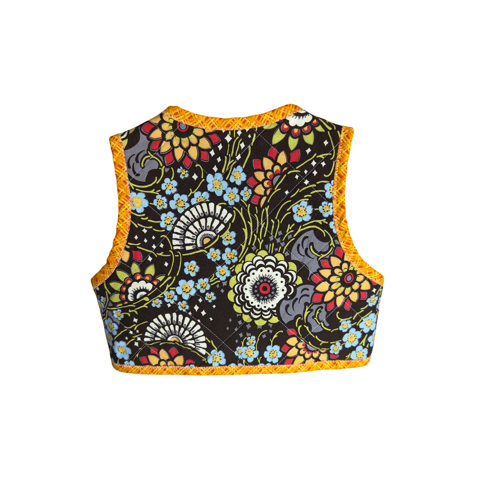 Back view of colorful floral vest with orange trim on a brown background