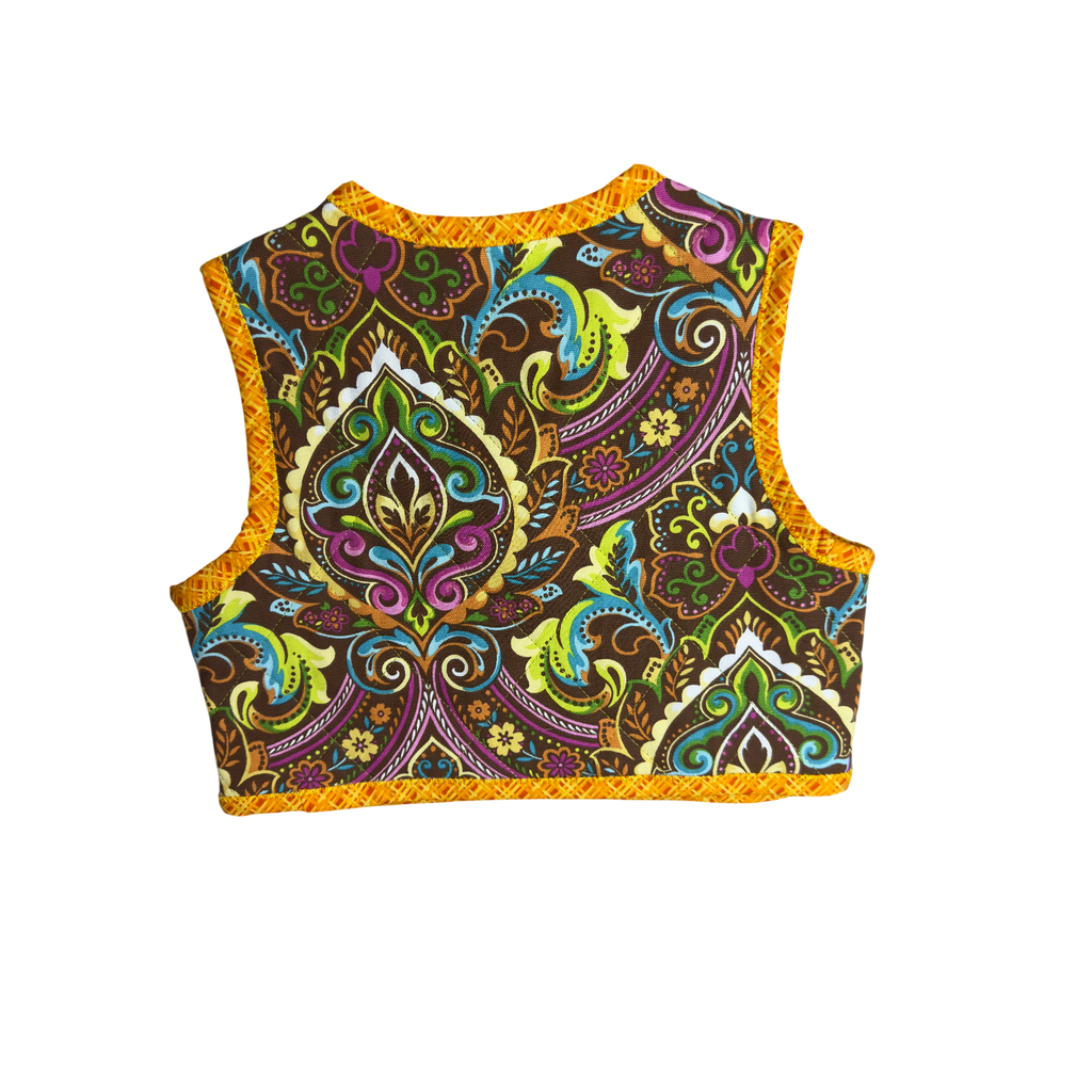 Childs back view of Sunburst Garden quilted cotton vest