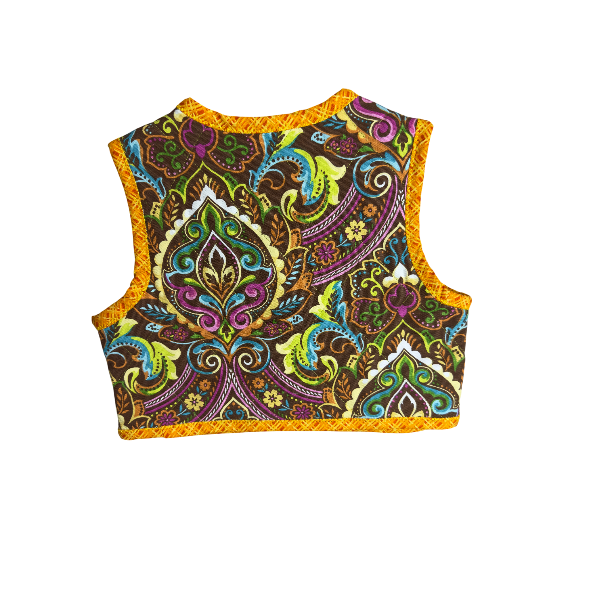 Childs back view of Sunburst Garden quilted cotton vest