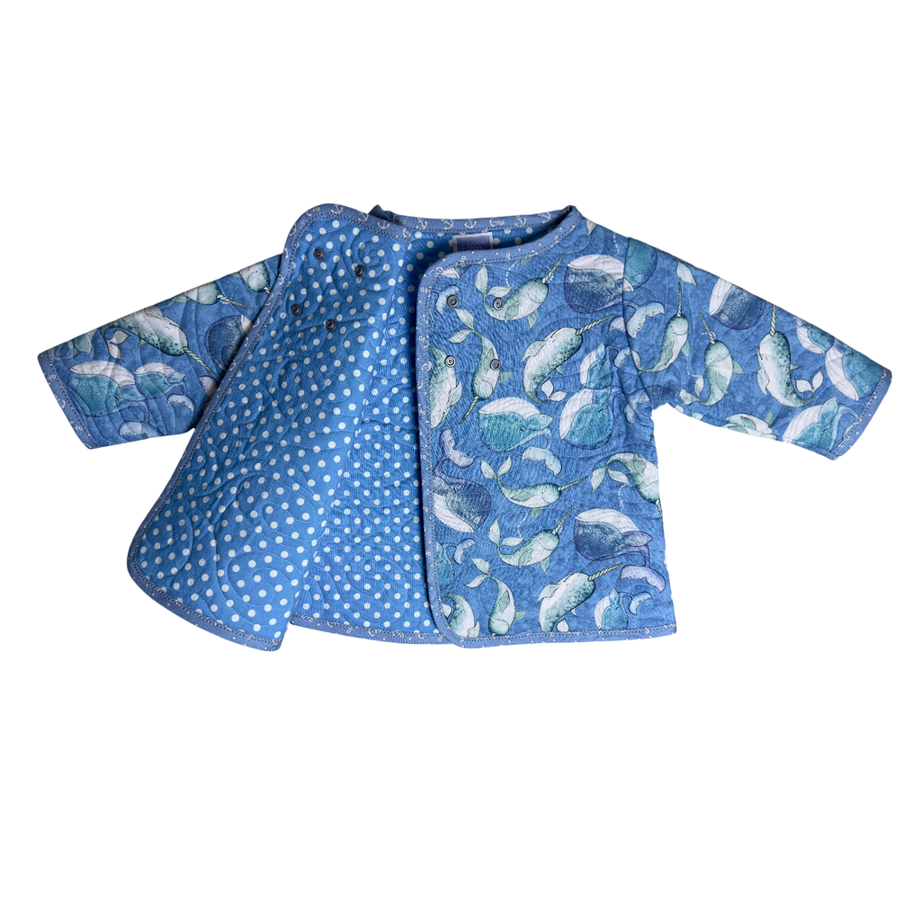 Wrap and snap Blue Narwhal Voyage Coat with polka dot lining