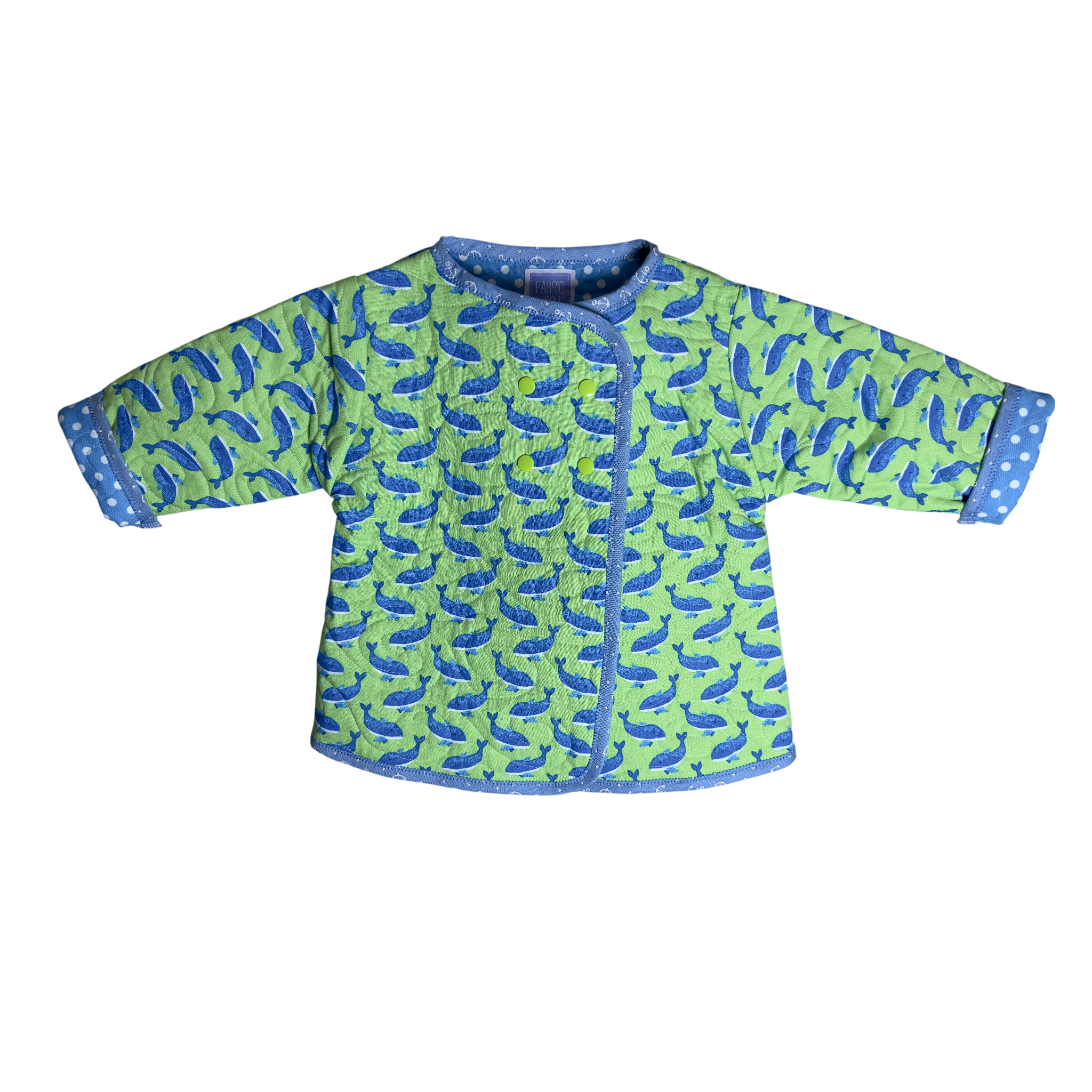 Front view of wrap and whale watcher snap coat in green sea edition