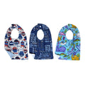 Handmade baby bib set of three with playful monsters, beach words, and colorful ocean creatures on quilting cotton with soft white backing