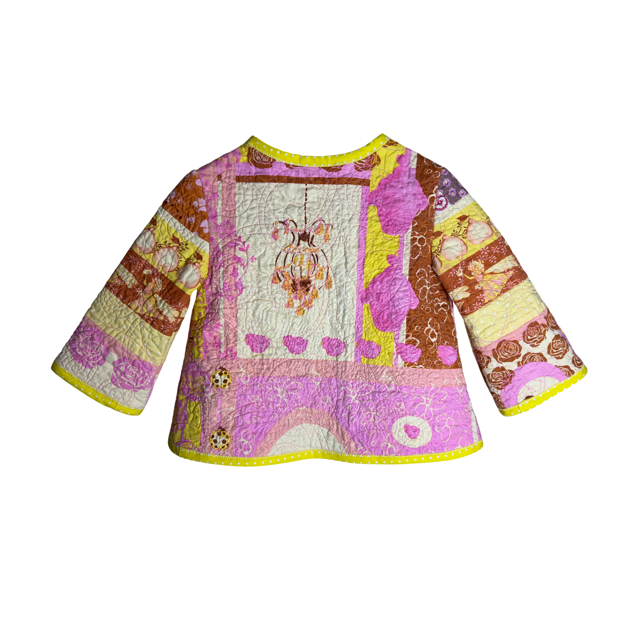 Back view  of upcycled quilt fabric and patchwork design