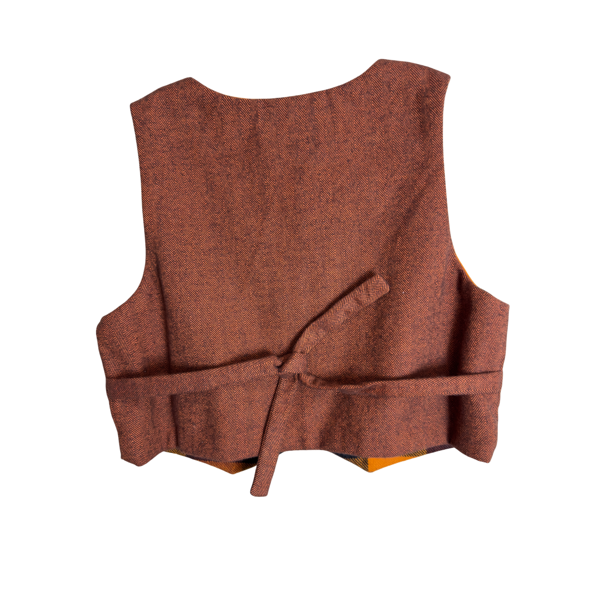 Back view of Heritage Rust vest showing ties for custom fit