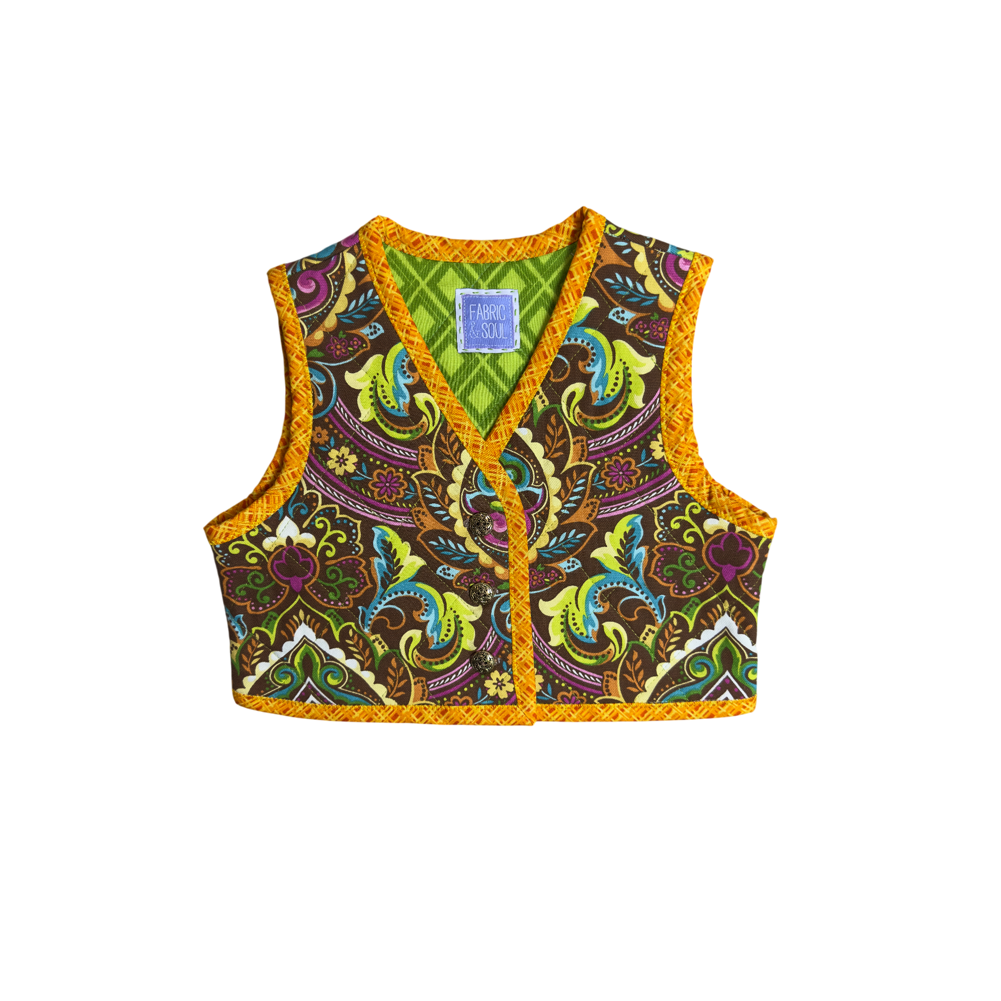 Front view of kids vest with orange binding