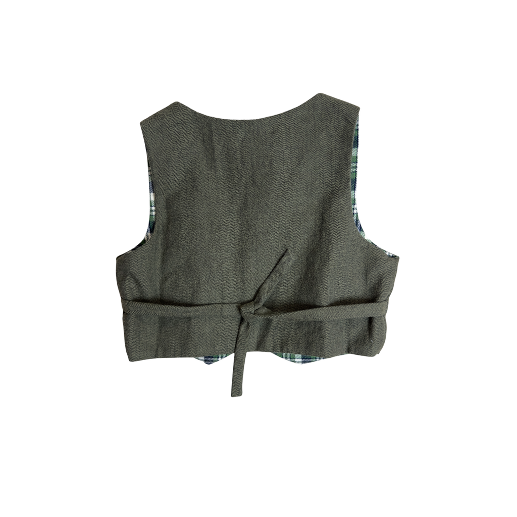 Back view of olive green Heritage Vest with tie for adjustable fit