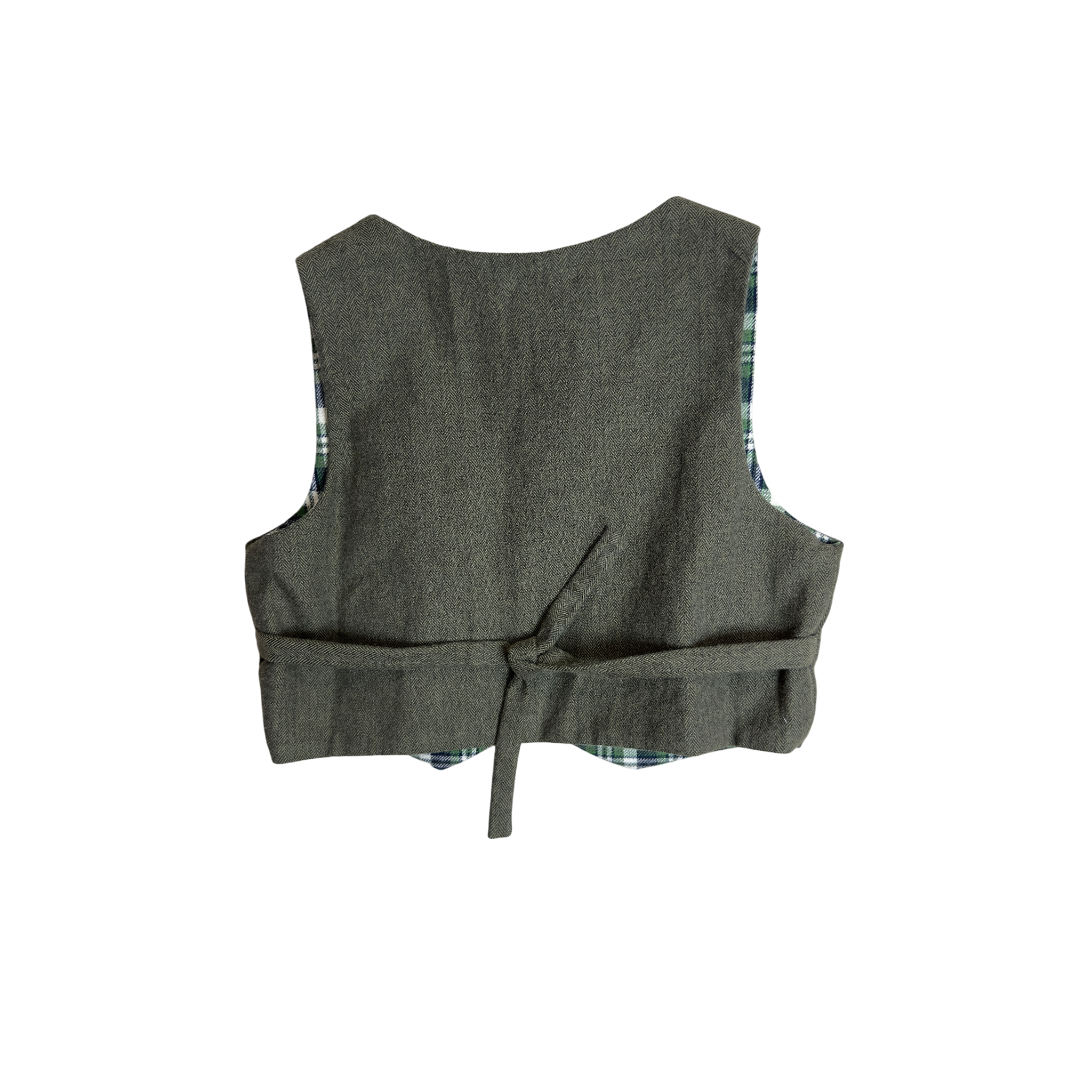 Back view of olive green Heritage Vest with tie for adjustable fit
