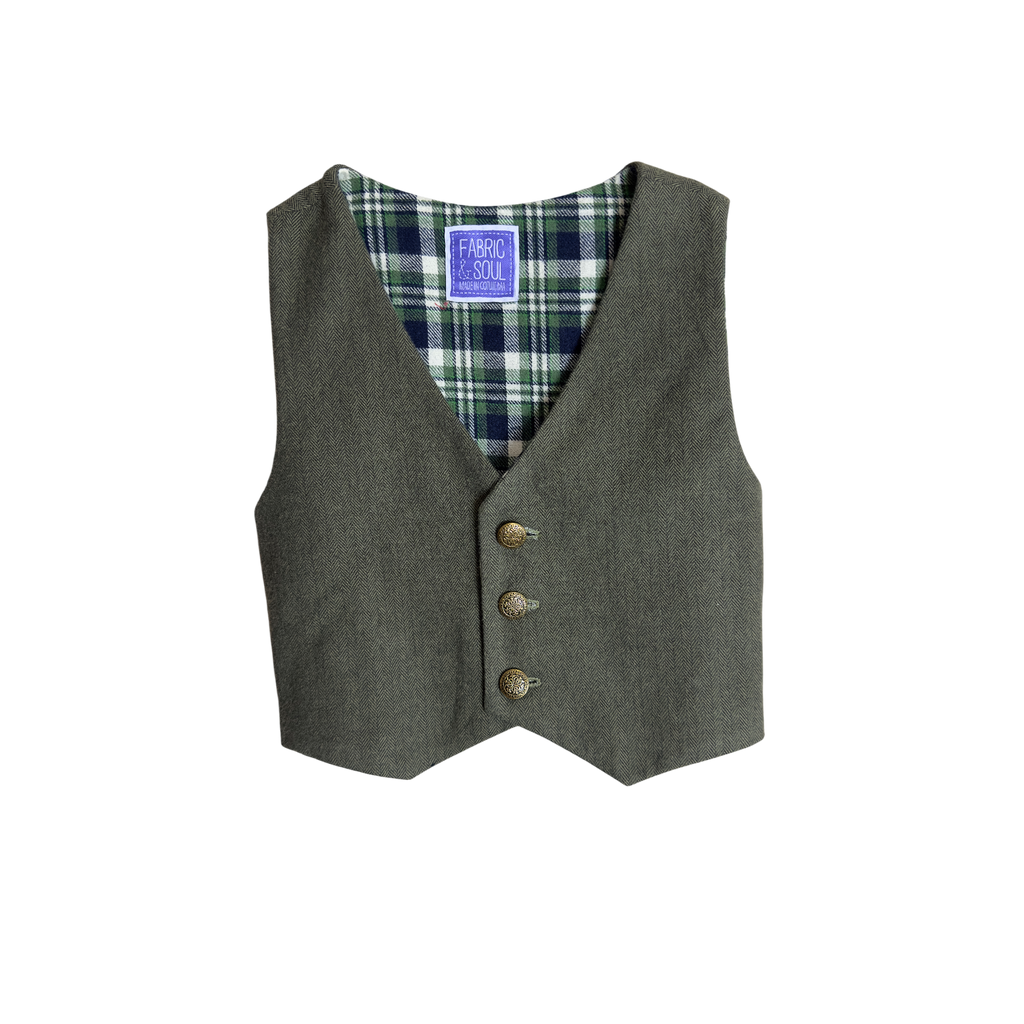 Olive green Heritage Cotton vest with flannel lining in green, blue & white plaid