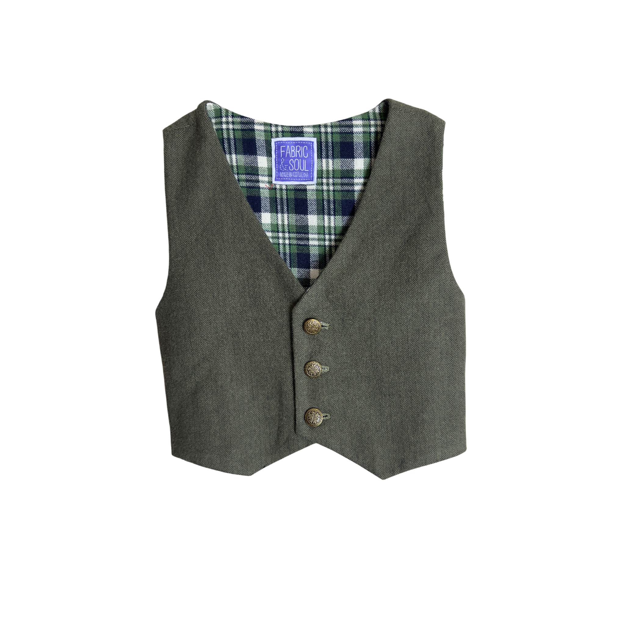 Olive green Heritage Cotton vest with flannel lining in green, blue & white plaid