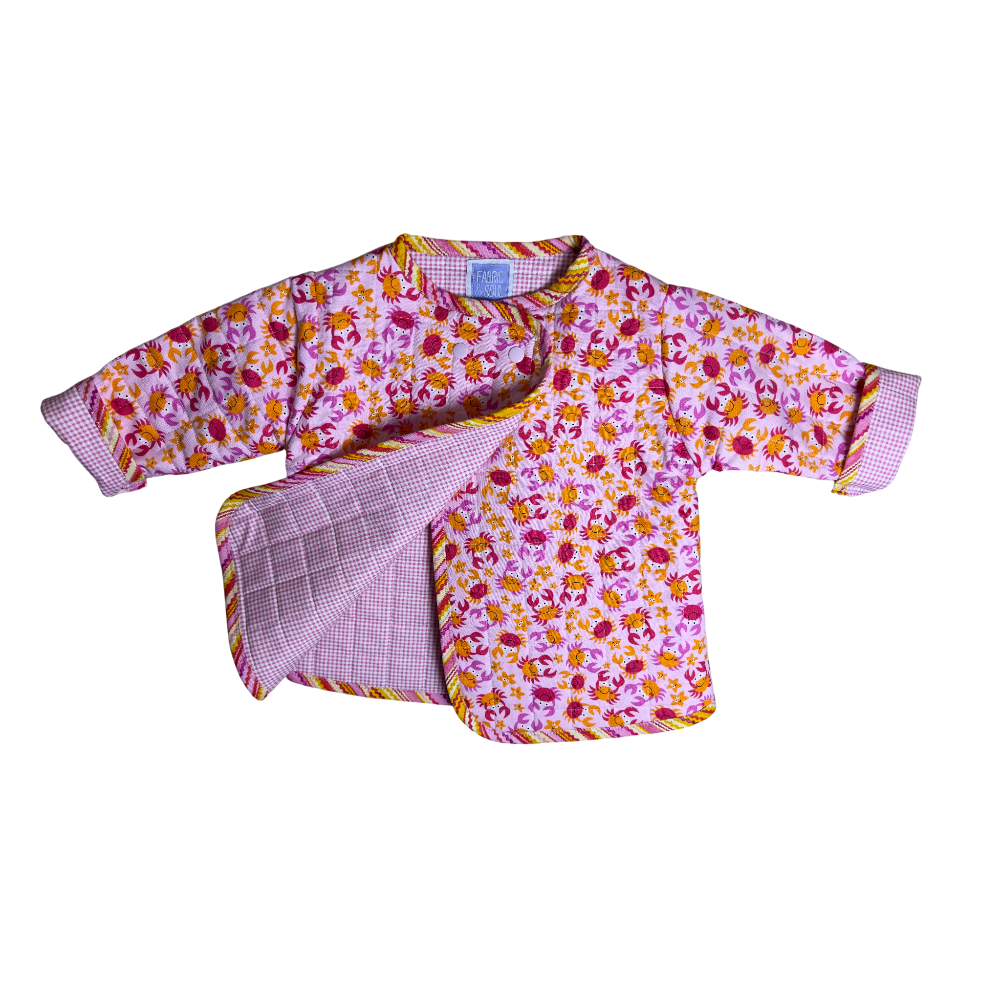 Detail of quilting,  and inside lining of Happy Crabs & Starfish jacket