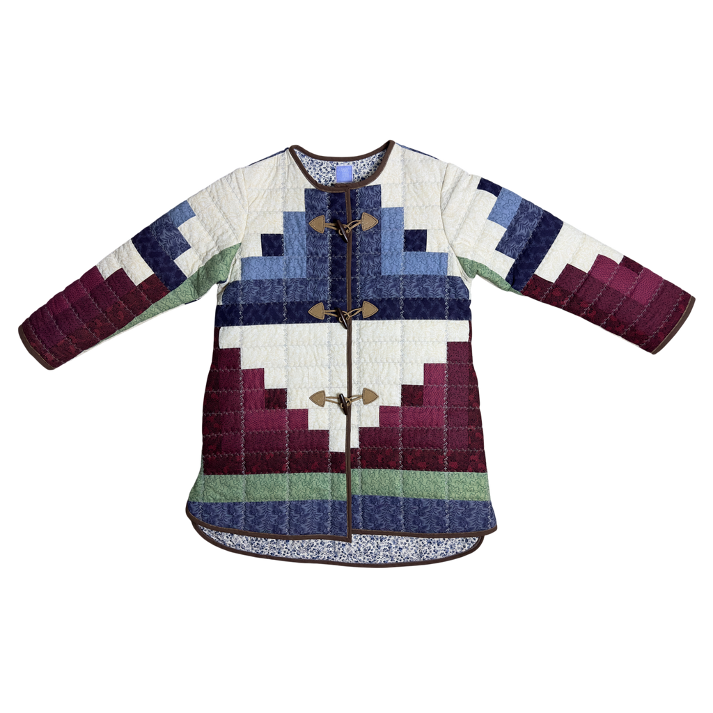 Front view of premium quilted coat with stairway design and wooden toggles