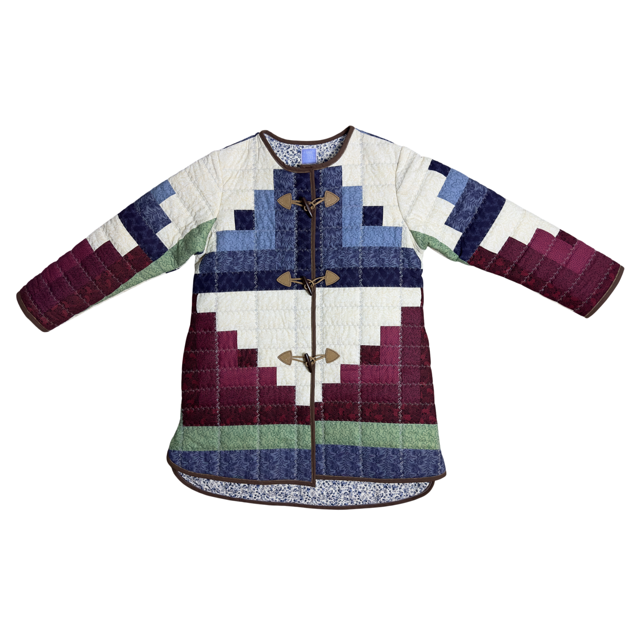 Front view of premium quilted coat with stairway design and wooden toggles