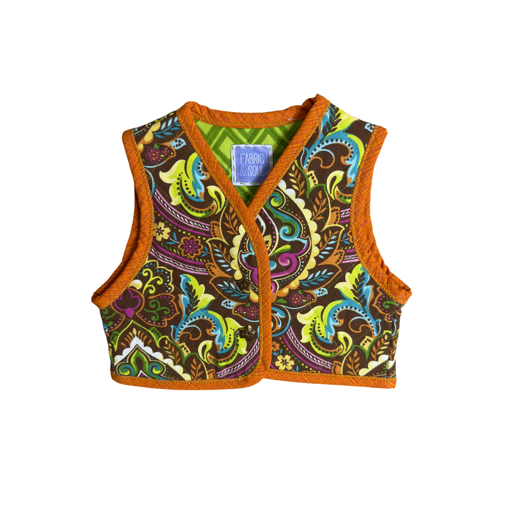 Colorful patterned Little Bright Blooms handmade brown  multicolored floral vest with golden star buttons
