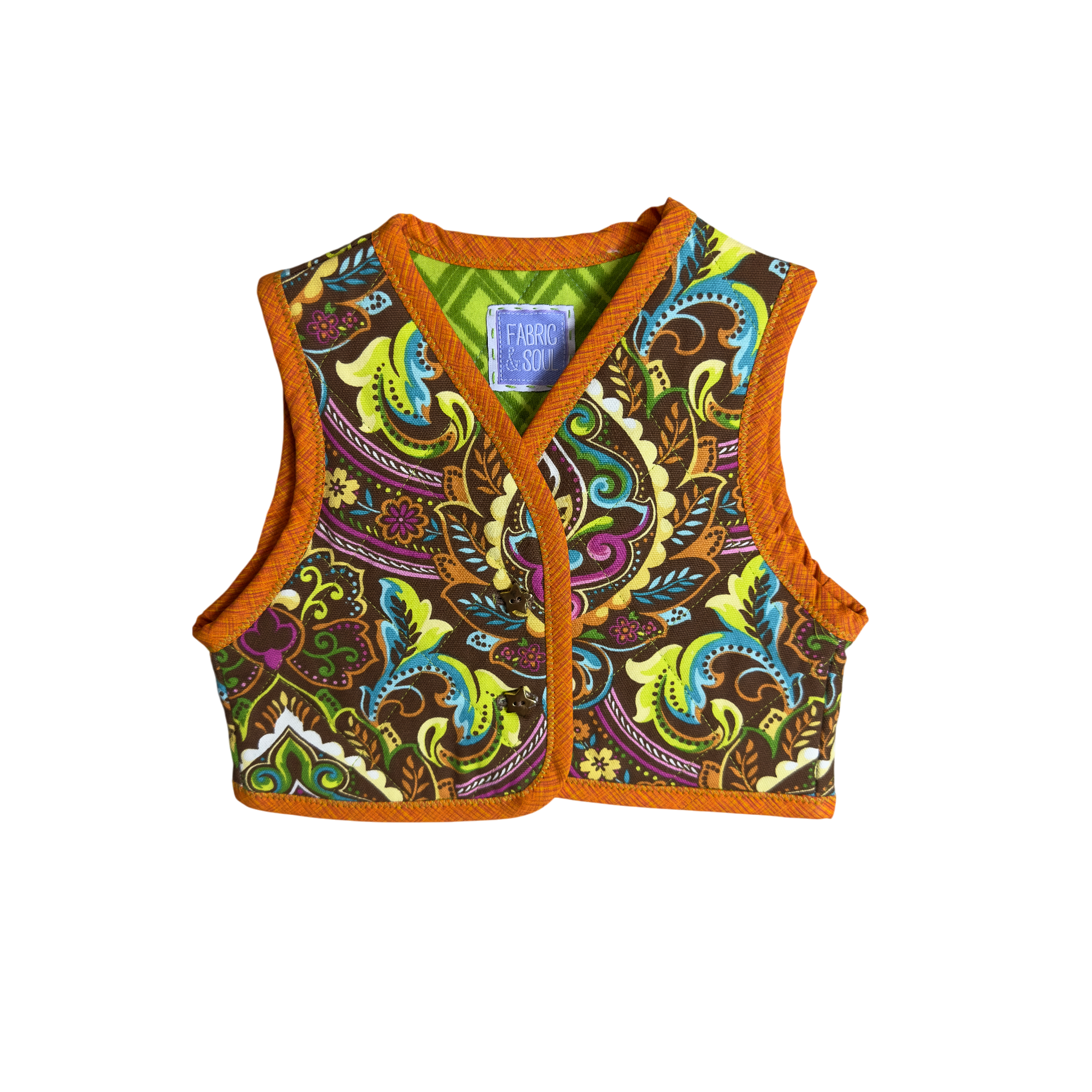 Colorful patterned Little Bright Blooms handmade brown  multicolored floral vest with golden star buttons