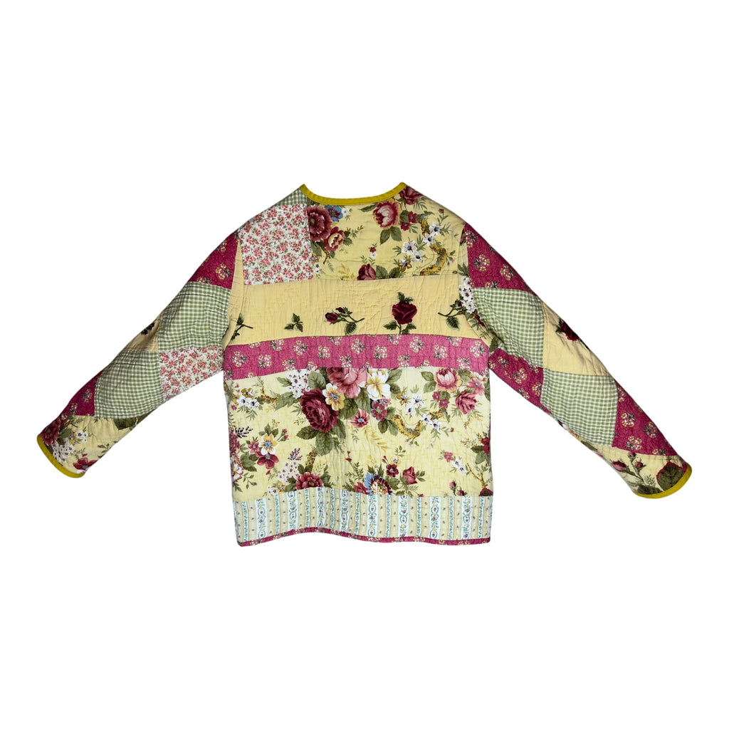 Back view Vintage quilted jacket made from repurposed cotton quilt with diagonal diamond sleeve pattern, one of a kind handmade coat by Fabric and Soul
