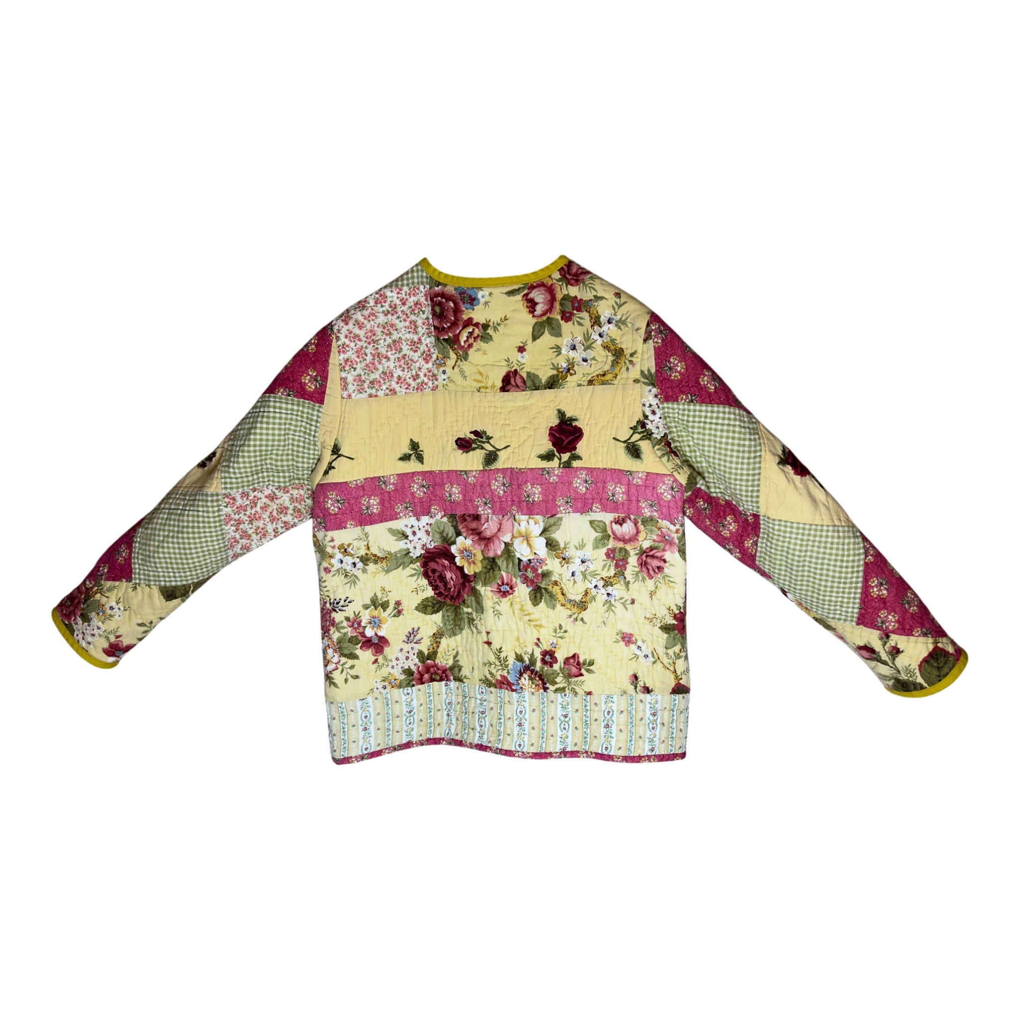 Back view Vintage quilted jacket made from repurposed cotton quilt with diagonal diamond sleeve pattern, one of a kind handmade coat by Fabric and Soul