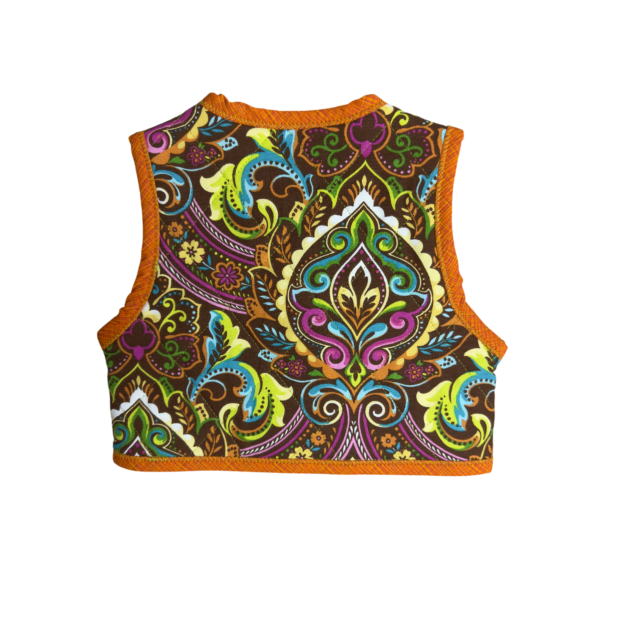 Back view of Colorful patterned Little Bright Blooms handmade multicolored floral vest with orange binding