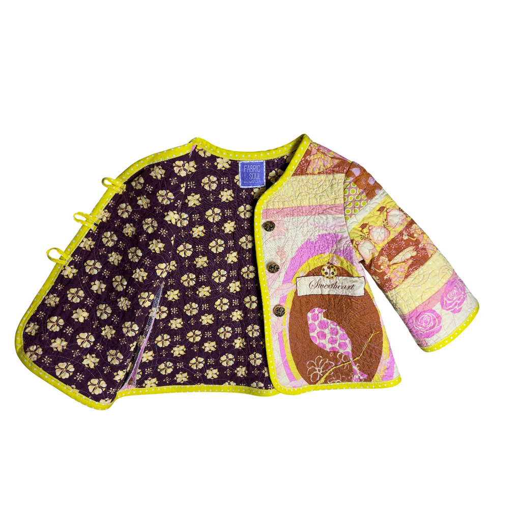 Front view of Sweetheart sustainable patchwork jacket with Brown and yellow lining