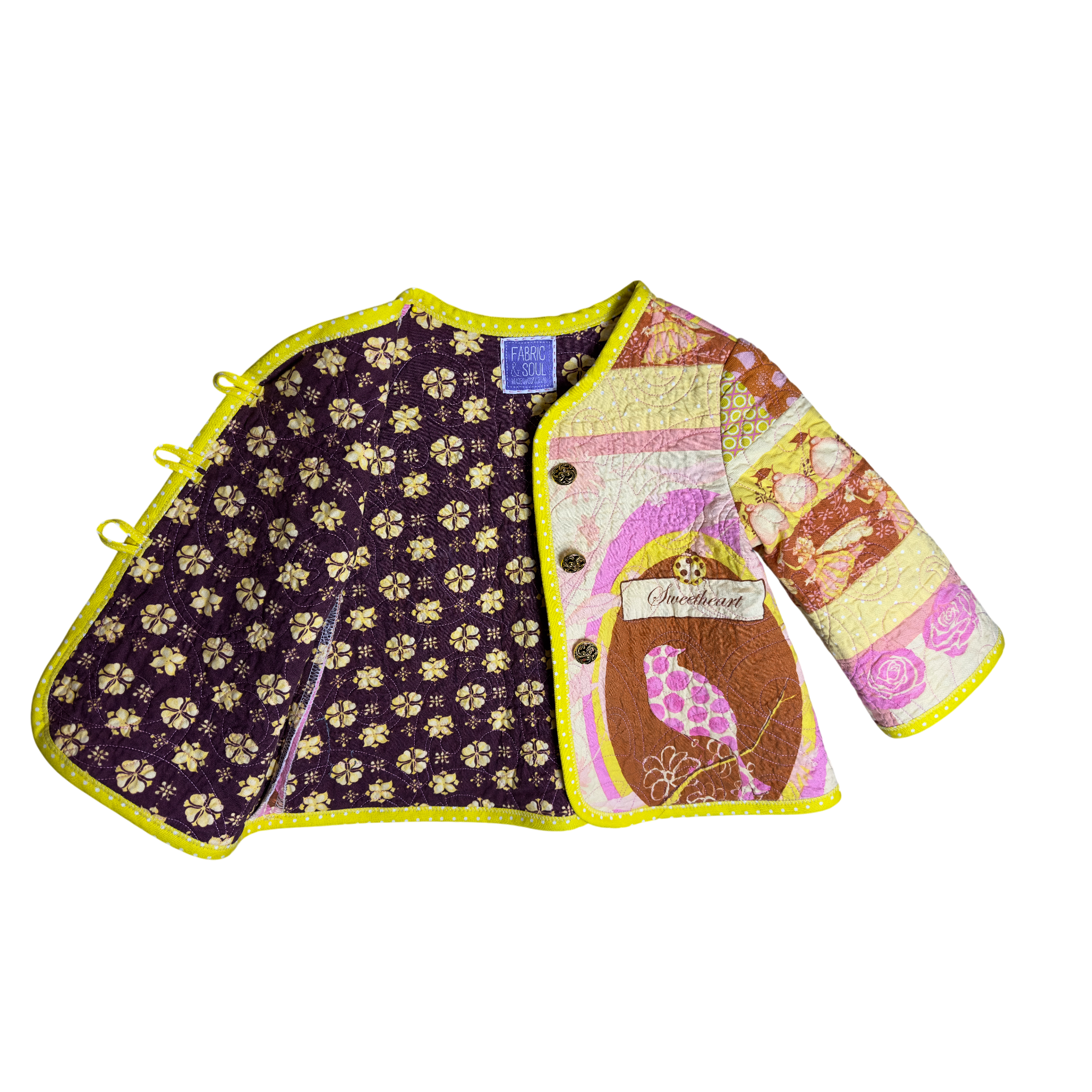 Front view of Sweetheart sustainable patchwork jacket with Brown and yellow lining