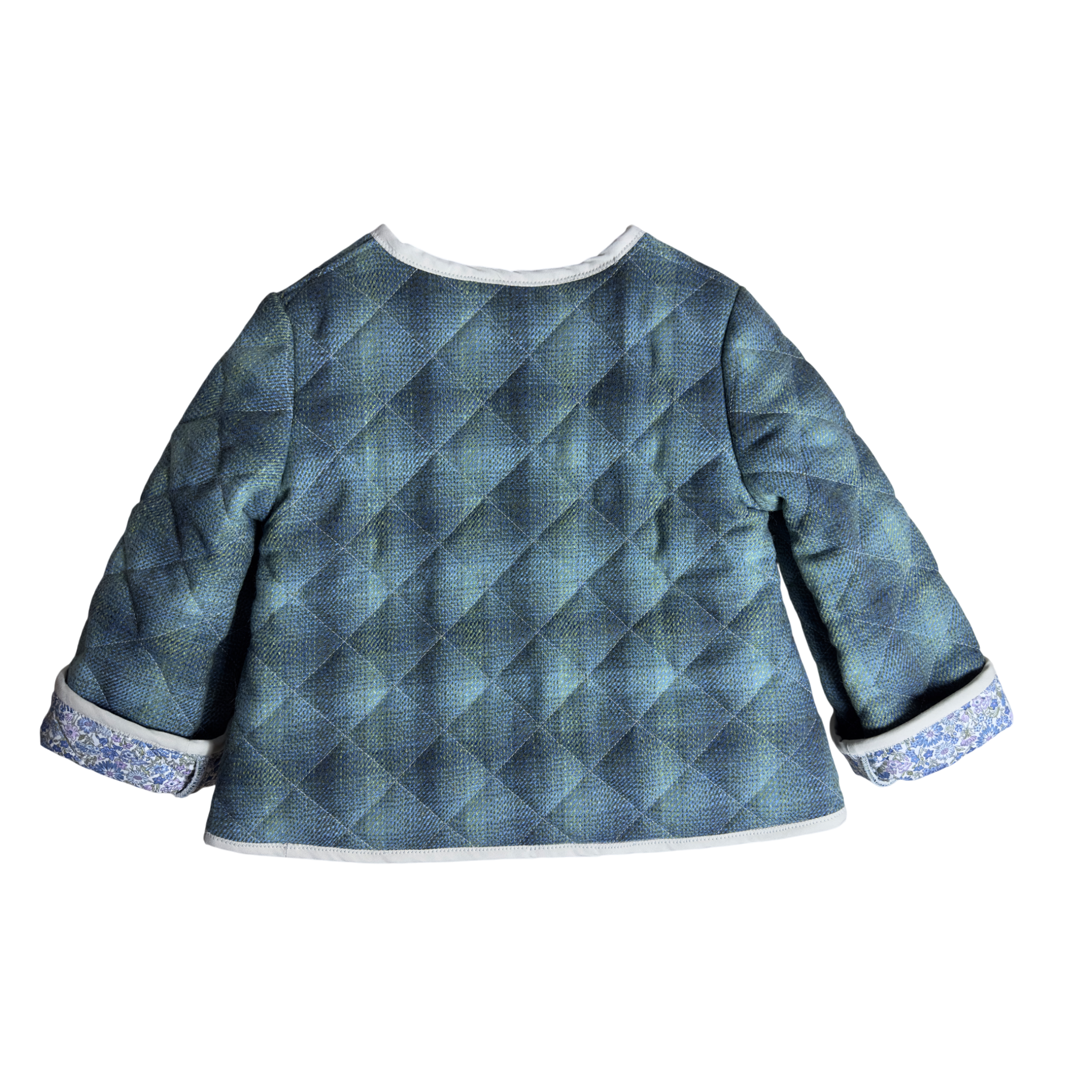 Back view of handmade and quilted  wool jacket with Liberty of London lining