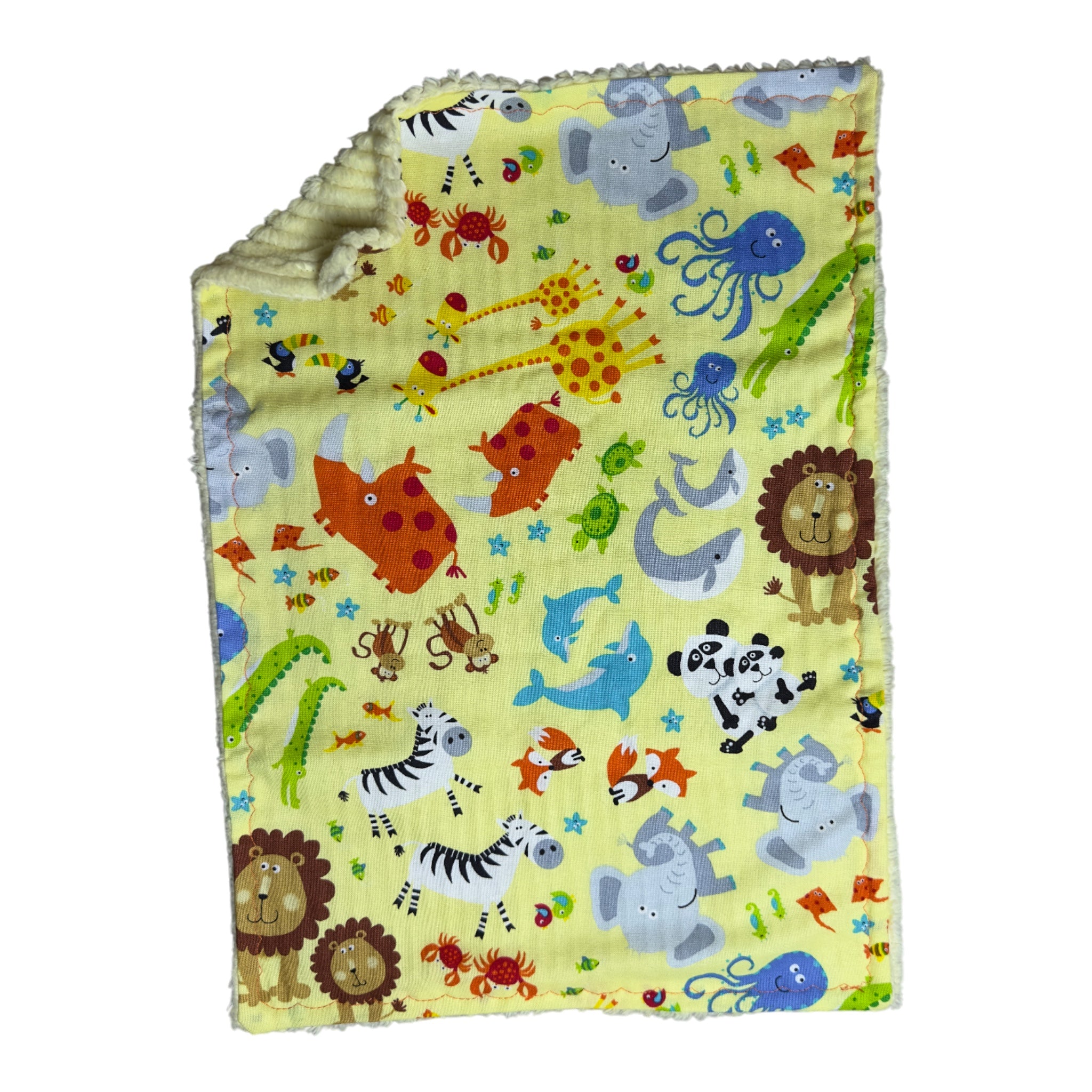 Handmade baby burp cloth set of two bright animals on yellow with terry cloth backing and art-deco flowers on brown with pink terrycloth