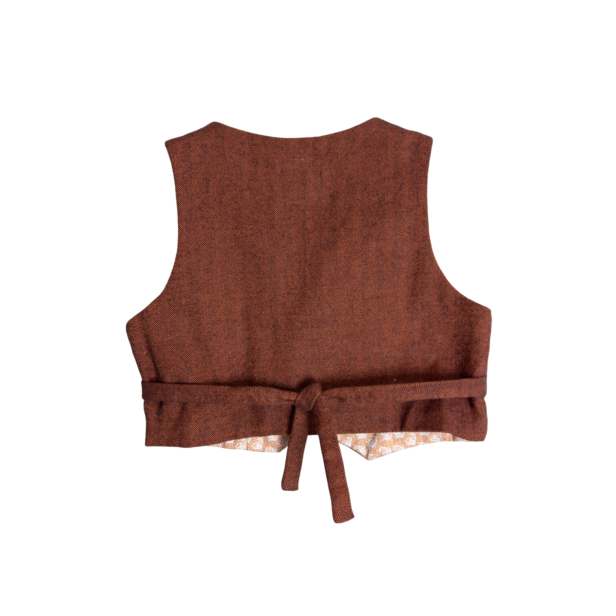 Back view of handmade vest in rust color with tie for a perfect fit