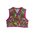 Front view of handmade quilted cotton vest in bright colors