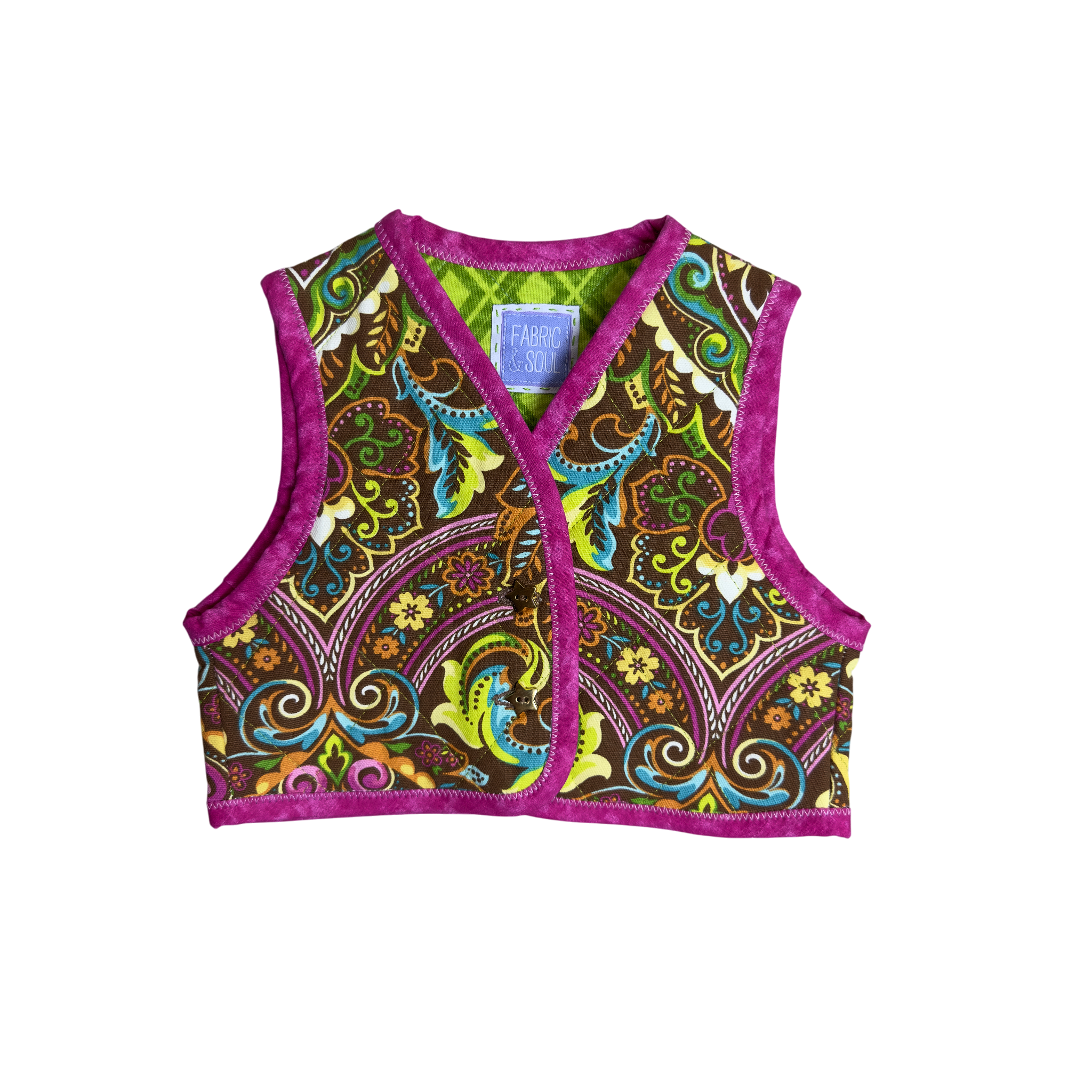 Front view of handmade quilted cotton vest in bright colors