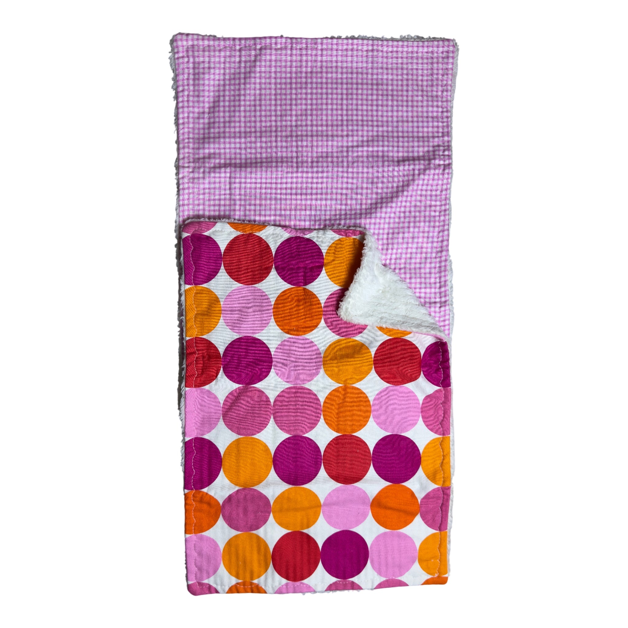 Handmade baby burp cloth set of two with pink and orange circles and pink gingham on white terry cloth
